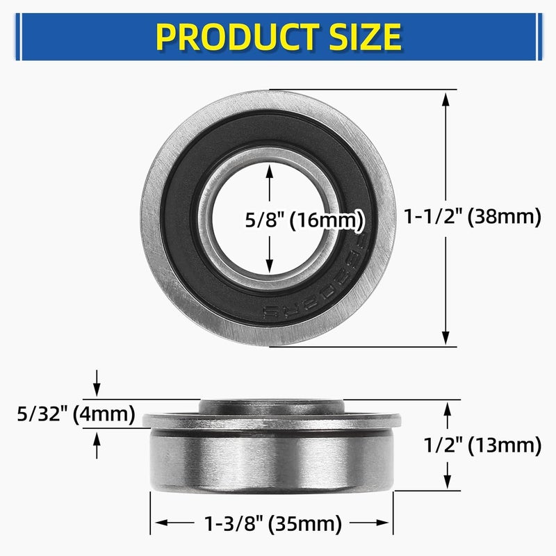 GICOOL (4 Pack) 5/8" Bore Flanged Deep Groove Ball Bearing, 16mm ID x 35mm OD x 13mm W Sealed 9Cr18 Steel Bearing for Wheelbarrow, Lawn Mower, Garden Cart, Hand Truck Tire and Wheel Parts Replacements - Image 2
